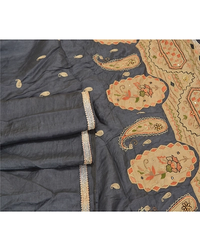 Sanskriti Vintage Greyish Black Sarees Pure Silk Hand Beaded Premium Sari Fabric, PS-58785-Greyish Black-Beaded Work-100% Pure Silk-7