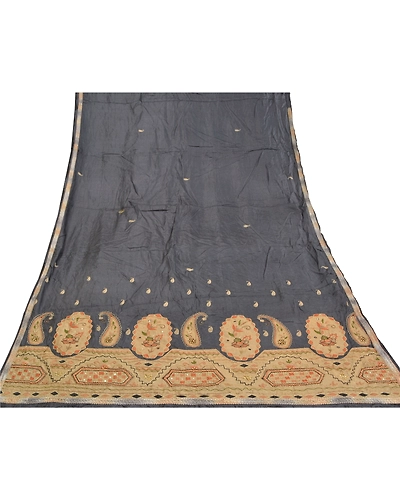 Sanskriti Vintage Greyish Black Sarees Pure Silk Hand Beaded Premium Sari Fabric, PS-58785-Greyish Black-Beaded Work-100% Pure Silk-8