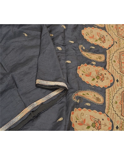 Sanskriti Vintage Greyish Black Sarees Pure Silk Hand Beaded Premium Sari Fabric, PS-58785-Greyish Black-Beaded Work-100% Pure Silk-9