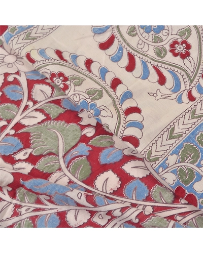 Sanskriti Vintage Dark Red Sarees Pure Cotton Handmade Kalamkari Sari Fabric, PS-58810-Blue &amp; Dark Red-Kalamkari Work-100% Pure Cotton-2