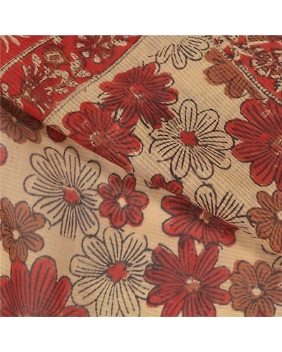 Sanskriti Vintage Red Indian Sarees Pure Cotton Block Printed Sari Craft Fabric, PS-58811-Cream &amp; Red-Block Printed Work-100% Pure Cotton-2