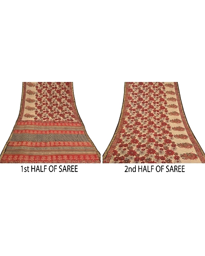 Sanskriti Vintage Red Indian Sarees Pure Cotton Block Printed Sari Craft Fabric, PS-58811-Cream &amp; Red-Block Printed Work-100% Pure Cotton-4