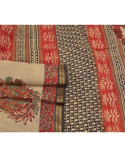 Sanskriti Vintage Red Indian Sarees Pure Cotton Block Printed Sari Craft Fabric, PS-58811-Cream &amp; Red-Block Printed Work-100% Pure Cotton-6