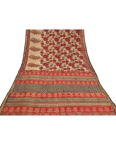 Sanskriti Vintage Red Indian Sarees Pure Cotton Block Printed Sari Craft Fabric, PS-58811-Cream &amp; Red-Block Printed Work-100% Pure Cotton-7