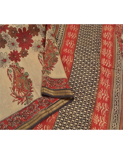 Sanskriti Vintage Red Indian Sarees Pure Cotton Block Printed Sari Craft Fabric, PS-58811-Cream &amp; Red-Block Printed Work-100% Pure Cotton-8