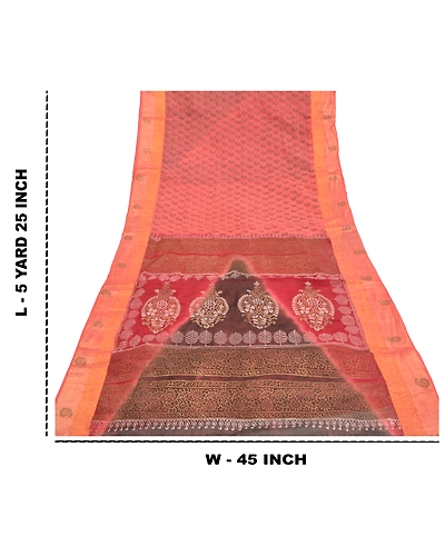 Sanskriti Vintage Peach Sarees Pure Cotton Hand Painted Premium Sari Fabric, PS-58818-Peach &amp; Brown-Hand-Painted Work-100% Pure Cotton-1