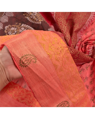 Sanskriti Vintage Peach Sarees Pure Cotton Hand Painted Premium Sari Fabric, PS-58818-Peach &amp; Brown-Hand-Painted Work-100% Pure Cotton-4