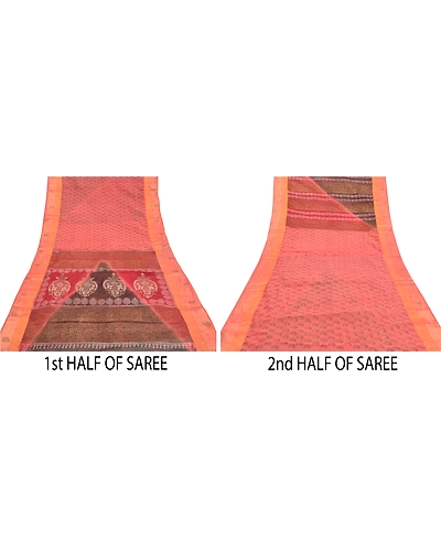 Sanskriti Vintage Peach Sarees Pure Cotton Hand Painted Premium Sari Fabric, PS-58818-Peach &amp; Brown-Hand-Painted Work-100% Pure Cotton-5