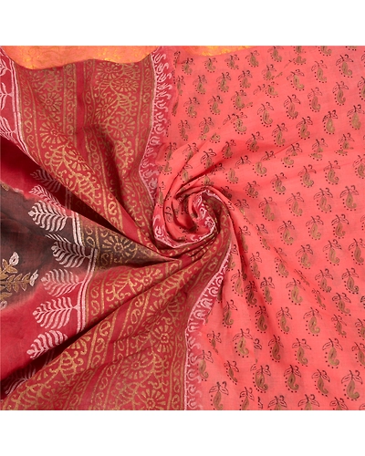 Sanskriti Vintage Peach Sarees Pure Cotton Hand Painted Premium Sari Fabric, PS-58818-Peach &amp; Brown-Hand-Painted Work-100% Pure Cotton-6