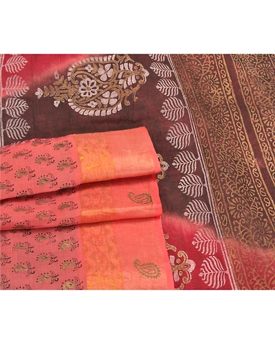 Sanskriti Vintage Peach Sarees Pure Cotton Hand Painted Premium Sari Fabric, PS-58818-Peach &amp; Brown-Hand-Painted Work-100% Pure Cotton-7
