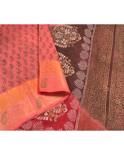 Sanskriti Vintage Peach Sarees Pure Cotton Hand Painted Premium Sari Fabric, PS-58818-Peach &amp; Brown-Hand-Painted Work-100% Pure Cotton-9