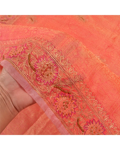 Sanskriti Vintage Pink Sarees Pure Organza Silk Hand Beaded Woven Sari Fabric, PS-58828-Shade Of Pink-Beaded Work-100% Pure Organza Silk-4