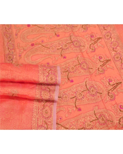 Sanskriti Vintage Pink Sarees Pure Organza Silk Hand Beaded Woven Sari Fabric, PS-58828-Shade Of Pink-Beaded Work-100% Pure Organza Silk-7