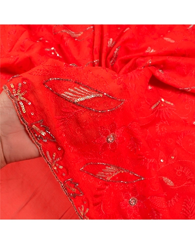Sanskriti Vintage Long Orange Sarees Pure Silk Hand Beaded Premium Sari Fabric, PS-58878-Orange-Beaded Work-100% Pure Silk-4