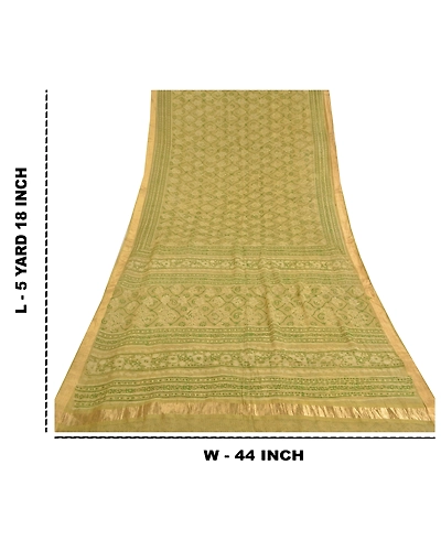 Sanskriti Vintage Green Sarees 100% Pure Silk Hand Block Printed Sari Fabric, PS-58979-Green-Hand-Block Printed Work-100% Pure Silk-1