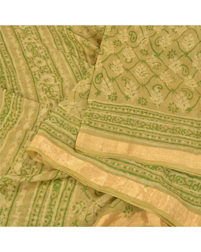 Sanskriti Vintage Green Sarees 100% Pure Silk Hand Block Printed Sari Fabric, PS-58979-Green-Hand-Block Printed Work-100% Pure Silk-2