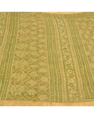 Sanskriti Vintage Green Sarees 100% Pure Silk Hand Block Printed Sari Fabric, PS-58979-Green-Hand-Block Printed Work-100% Pure Silk-4