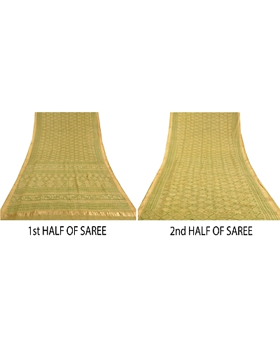 Sanskriti Vintage Green Sarees 100% Pure Silk Hand Block Printed Sari Fabric, PS-58979-Green-Hand-Block Printed Work-100% Pure Silk-6