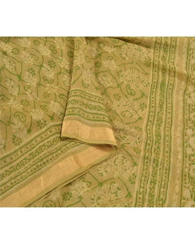 Sanskriti Vintage Green Sarees 100% Pure Silk Hand Block Printed Sari Fabric, PS-58979-Green-Hand-Block Printed Work-100% Pure Silk-10