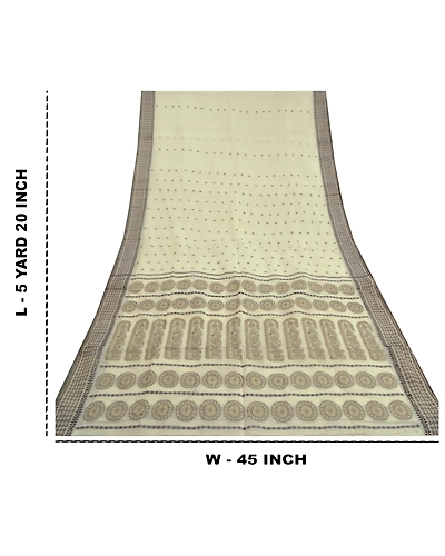 Sanskriti Vintage Ivory Indian Sarees Blend Cotton Hand-Woven Sari 5 Yard Fabric, PS-59014-Ivory-Woven Work-Blend Cotton-1