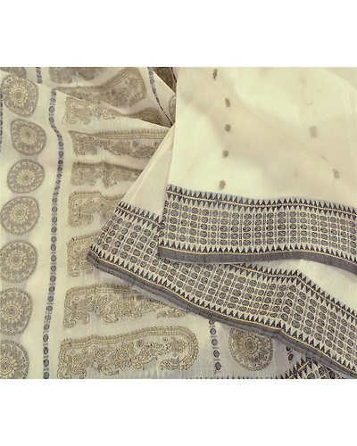 Sanskriti Vintage Ivory Indian Sarees Blend Cotton Hand-Woven Sari 5 Yard Fabric, PS-59014-Ivory-Woven Work-Blend Cotton-2