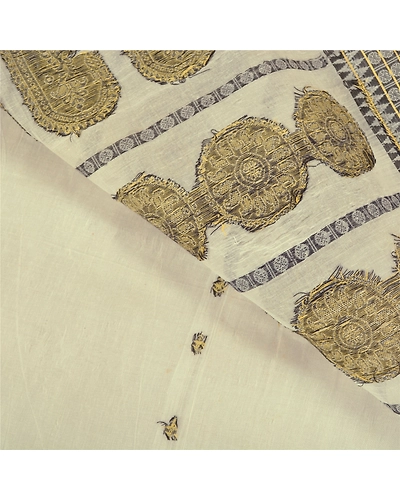Sanskriti Vintage Ivory Indian Sarees Blend Cotton Hand-Woven Sari 5 Yard Fabric, PS-59014-Ivory-Woven Work-Blend Cotton-3