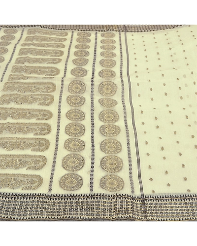Sanskriti Vintage Ivory Indian Sarees Blend Cotton Hand-Woven Sari 5 Yard Fabric, PS-59014-Ivory-Woven Work-Blend Cotton-4