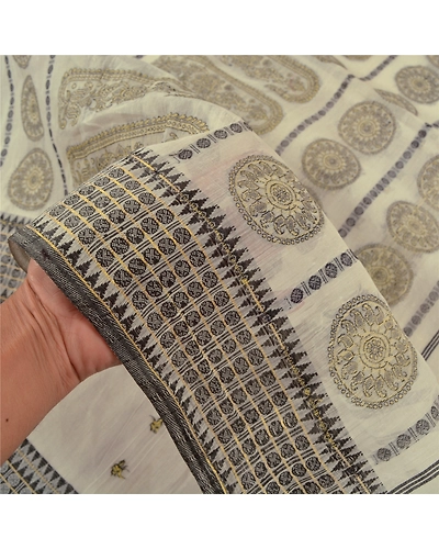 Sanskriti Vintage Ivory Indian Sarees Blend Cotton Hand-Woven Sari 5 Yard Fabric, PS-59014-Ivory-Woven Work-Blend Cotton-5