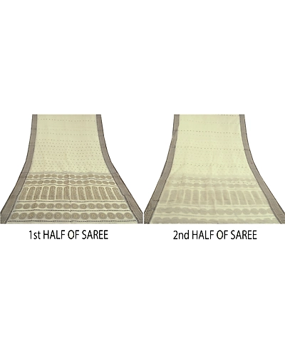 Sanskriti Vintage Ivory Indian Sarees Blend Cotton Hand-Woven Sari 5 Yard Fabric, PS-59014-Ivory-Woven Work-Blend Cotton-6