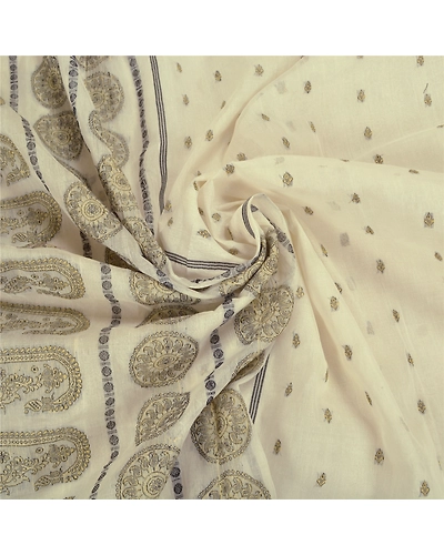 Sanskriti Vintage Ivory Indian Sarees Blend Cotton Hand-Woven Sari 5 Yard Fabric, PS-59014-Ivory-Woven Work-Blend Cotton-7
