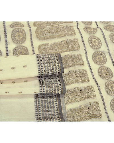 Sanskriti Vintage Ivory Indian Sarees Blend Cotton Hand-Woven Sari 5 Yard Fabric, PS-59014-Ivory-Woven Work-Blend Cotton-8