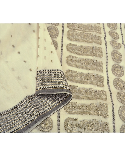 Sanskriti Vintage Ivory Indian Sarees Blend Cotton Hand-Woven Sari 5 Yard Fabric, PS-59014-Ivory-Woven Work-Blend Cotton-10
