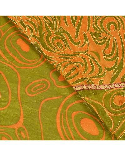 Sanskriti Vintage Green Sarees Pure Silk Embroidered Printed Sari Craft Fabric, PS-59035-Green &amp; Saffron-Printed Work-100% Pure Silk-2