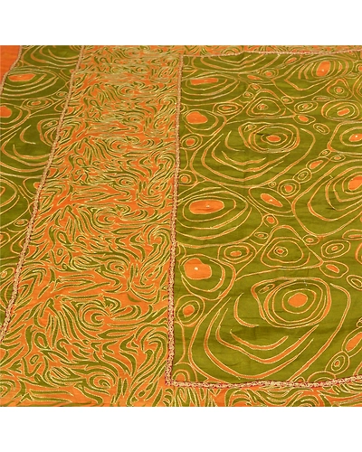 Sanskriti Vintage Green Sarees Pure Silk Embroidered Printed Sari Craft Fabric, PS-59035-Green &amp; Saffron-Printed Work-100% Pure Silk-3