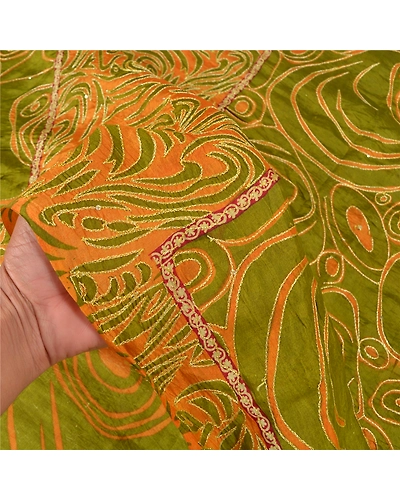 Sanskriti Vintage Green Sarees Pure Silk Embroidered Printed Sari Craft Fabric, PS-59035-Green &amp; Saffron-Printed Work-100% Pure Silk-4