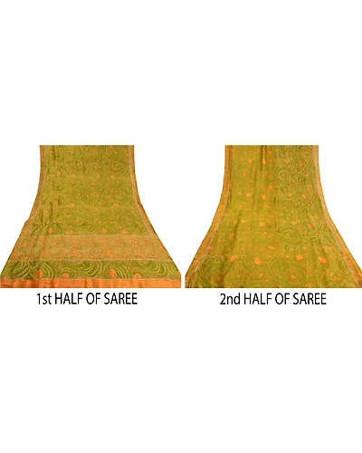 Sanskriti Vintage Green Sarees Pure Silk Embroidered Printed Sari Craft Fabric, PS-59035-Green &amp; Saffron-Printed Work-100% Pure Silk-5