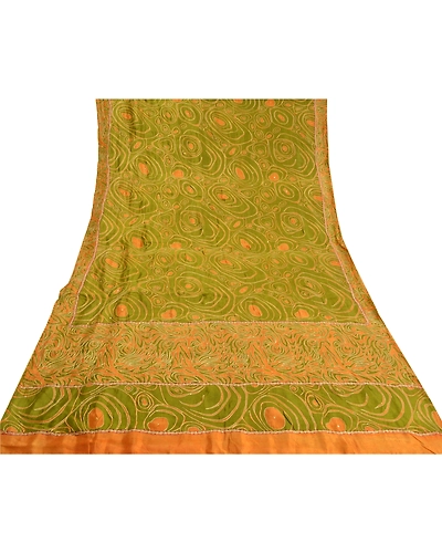 Sanskriti Vintage Green Sarees Pure Silk Embroidered Printed Sari Craft Fabric, PS-59035-Green &amp; Saffron-Printed Work-100% Pure Silk-8