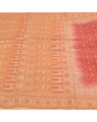 Sanskriti Vintage Brick Red Indian Sarees Pure Silk Woven Premium Sari Fabric, PS-59037-Shade Of Beige &amp; Brick Red-Woven Work-100% Pure Silk-3
