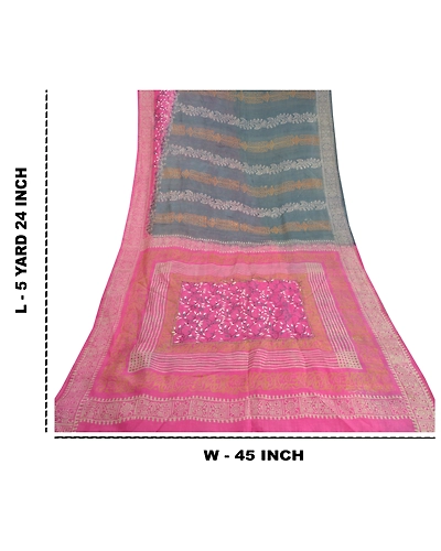 Sanskriti Vintage Pink Sarees 100% Pure Silk Printed Floral Craft Sari Fabric, PS-59057-Pink &amp; Grey-Printed-Pure Silk-1
