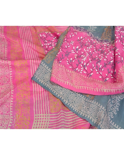 Sanskriti Vintage Pink Sarees 100% Pure Silk Printed Floral Craft Sari Fabric, PS-59057-Pink &amp; Grey-Printed-Pure Silk-2
