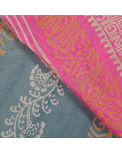 Sanskriti Vintage Pink Sarees 100% Pure Silk Printed Floral Craft Sari Fabric, PS-59057-Pink &amp; Grey-Printed-Pure Silk-3