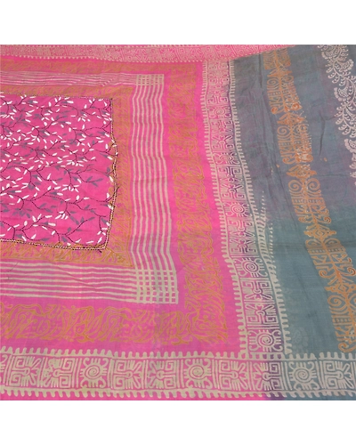 Sanskriti Vintage Pink Sarees 100% Pure Silk Printed Floral Craft Sari Fabric, PS-59057-Pink &amp; Grey-Printed-Pure Silk-4
