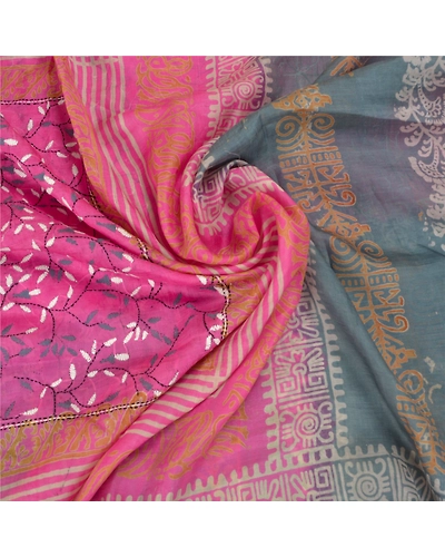 Sanskriti Vintage Pink Sarees 100% Pure Silk Printed Floral Craft Sari Fabric, PS-59057-Pink &amp; Grey-Printed-Pure Silk-7