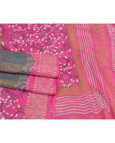 Sanskriti Vintage Pink Sarees 100% Pure Silk Printed Floral Craft Sari Fabric, PS-59057-Pink &amp; Grey-Printed-Pure Silk-8