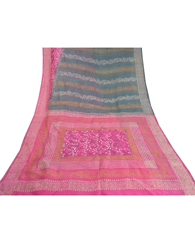 Sanskriti Vintage Pink Sarees 100% Pure Silk Printed Floral Craft Sari Fabric, PS-59057-Pink &amp; Grey-Printed-Pure Silk-9
