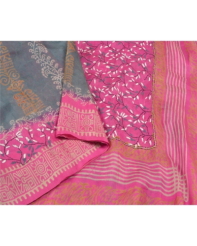 Sanskriti Vintage Pink Sarees 100% Pure Silk Printed Floral Craft Sari Fabric, PS-59057-Pink &amp; Grey-Printed-Pure Silk-10