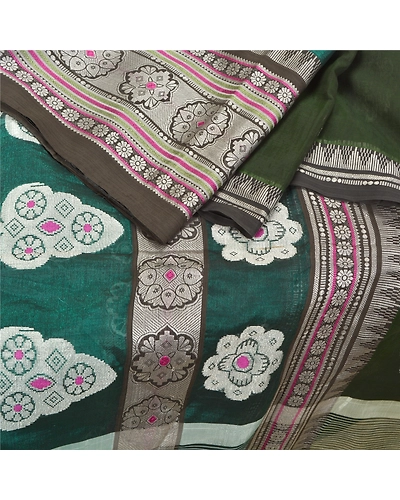 Sanskriti Vintage Green Indian Sarees Pure Silk Hand Woven Premium Sari Fabric, PS-59079-Green-Woven Work-100% Pure Silk-2
