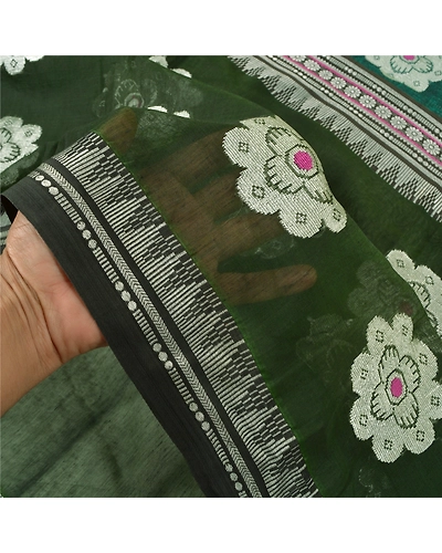 Sanskriti Vintage Green Indian Sarees Pure Silk Hand Woven Premium Sari Fabric, PS-59079-Green-Woven Work-100% Pure Silk-5