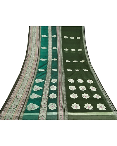 Sanskriti Vintage Green Indian Sarees Pure Silk Hand Woven Premium Sari Fabric, PS-59079-Green-Woven Work-100% Pure Silk-9