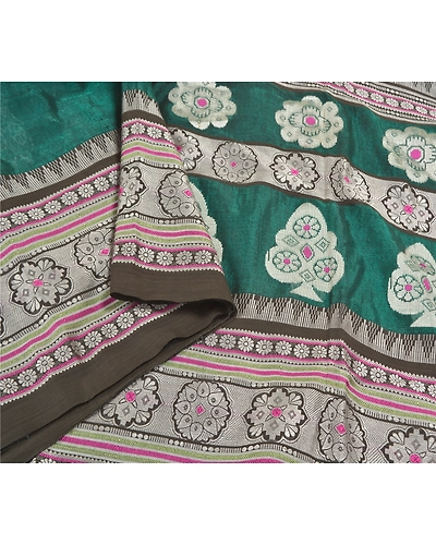 Sanskriti Vintage Green Indian Sarees Pure Silk Hand Woven Premium Sari Fabric, PS-59079-Green-Woven Work-100% Pure Silk-10